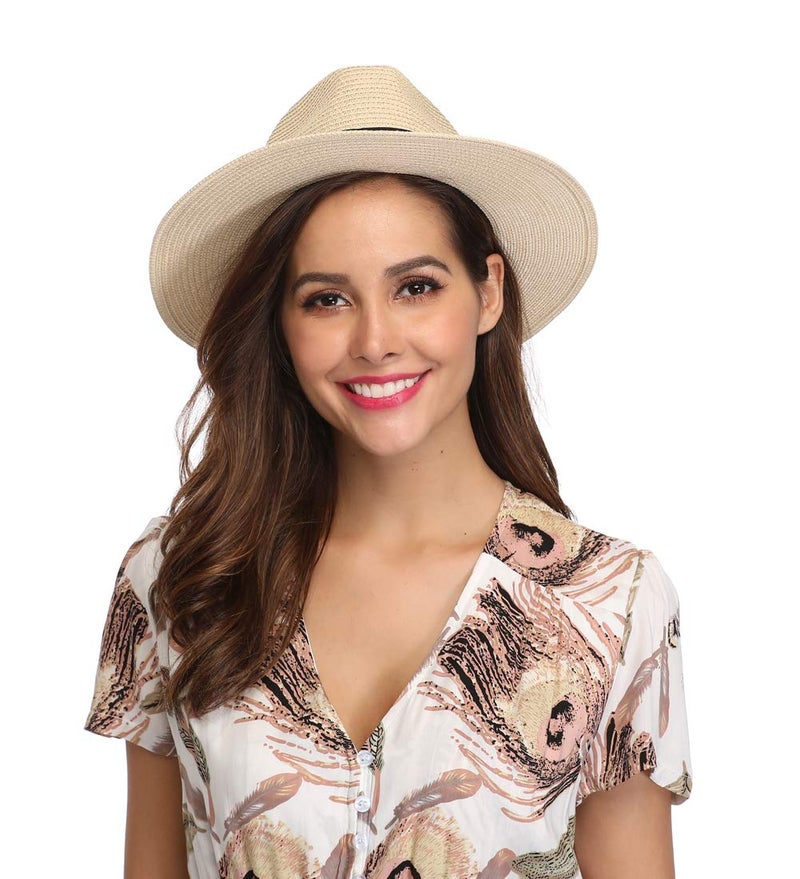 Lanzom Women Wide Brim Straw Panama Roll up Hat Fedora Beach Sun Hat UPF50+ (B-Khaki) - Image 5